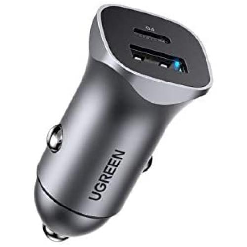 UGREEN USB C Car Charger 24W Dual Ports PD and Power Delivery 3.0 Metal Cigarette Lighter Compatible for iPhone 12 SE 11 XS XR X 8 7 Plus Samsung AirPods iPad Google Pixel 5 Nintendo Switch