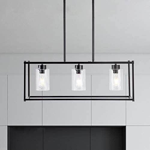Kitchen Island Lighting Fixture Hanging Farmhouse Black 3 Light Modern Pendant Lighting Contemporary Chandeliers with Glass Shade for Living Dining Room Bedroom Kitchen Island