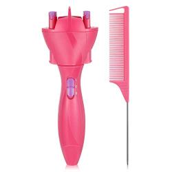 Automatic Hair Braider, Electronic Hair Braiding Tool Machine Braid Maker Hair Twister DIY Hair Roller Styling Tool with Rat Tail Comb for DIY Hair Tangling Styling (Pink)