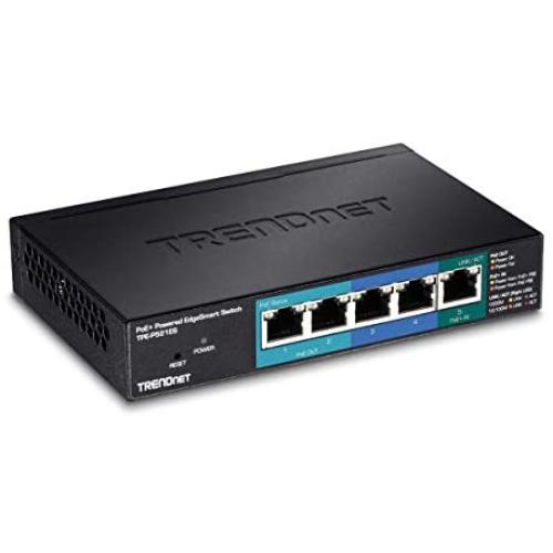 TRENDnet 5-Port Gigabit PoE+ Powered EdgeSmart Switch with PoE Pass Through, TPE-P521ES, 1 x Gigabit PoE+ Input, 2 x Gigabit PoE Output, 2 x Gigabit, 18W PoE Budget, Managed Switch, Wall-Mountable