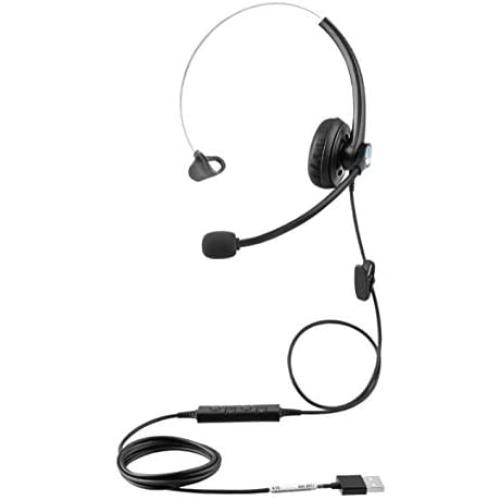 USB Plug Hands-Free Call Center Noise Cancelling Corded Monaural Headset Headphone with Mic Mircrophone for Both Office PC VOIP Softphone and Telephone with USB Plug for Headset