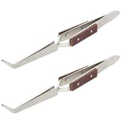 Utoolmart Stainless Steel Tweezers With Cross Locking Wooden Handle Tweezers Bent Reverse Action for Electronics Jewelry-Making Laboratory Hobby 2pcs