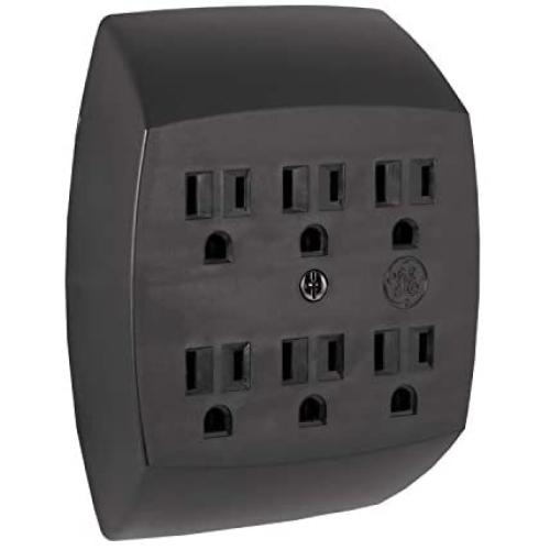 GE 6 Adapter, 3 Prong Outlets, Grounded, Wall Charger, Charging Station, Black, 54840, 1 Pack
