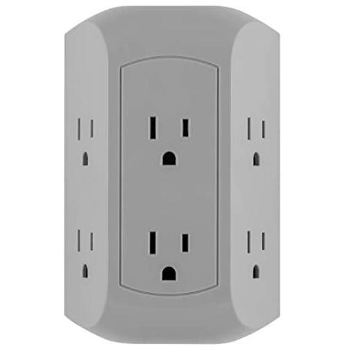 GE UltraPro 6-Outlet Surge Protector Adapter Spaced, 3-Prong Power Strip Wall Tap, Charging Station, Side Access, Gray, 47823