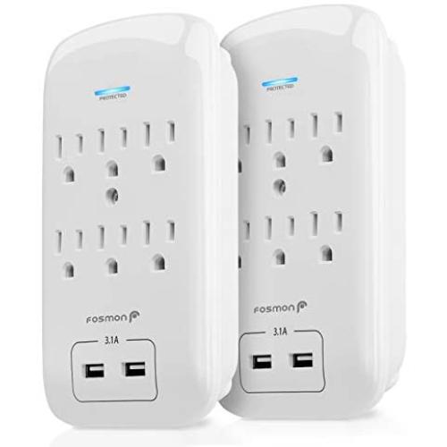 Fosmon 6 Outlet Surge Protector 1200J (2 Pack) with 3.1A Dual USB Ports Charger, Multi Plug Outlet Extender 1875 Watt, 3-Prong Grounded Wall Tap Splitter Adapter