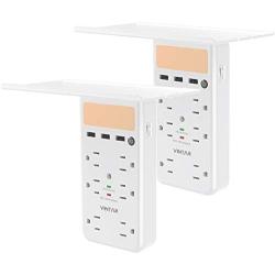 [2-Pack]VINTAR Surge Protector With Outlet Shelf, Multi Outlet Extender with Dusk to Dawn Sensor, 6 Outlets and 3 USB Ports,Wall Mount with Top Phone Holder for Home, White,ETL Certified.