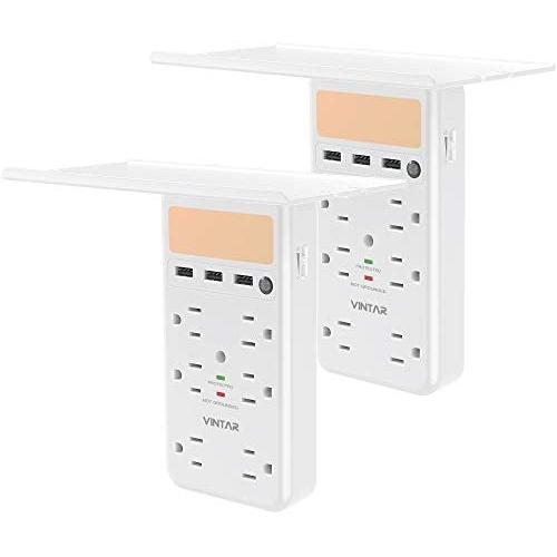 [2-Pack]VINTAR Surge Protector With Outlet Shelf, Multi Outlet Extender with Dusk to Dawn Sensor, 6 Outlets and 3 USB Ports,Wall Mount with Top Phone Holder for Home, White,ETL Certified.