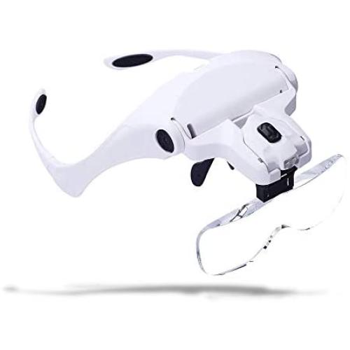 Magnifying Glasses - Headband Magnifier Glasses with 2 Led Light ，Hands-Free Interchangeable Headband and 5 Lenses for Close Work