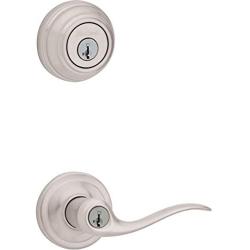 Kwikset Tustin Keyed Entry Lever and Single Cylinder Deadbolt Combo Pack with Microban Antimicrobial Protection featuring SmartKey Security in Satin Nickel
