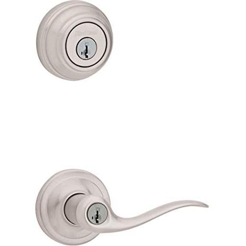 Kwikset Tustin Keyed Entry Lever and Single Cylinder Deadbolt Combo Pack with Microban Antimicrobial Protection featuring SmartKey Security in Satin Nickel
