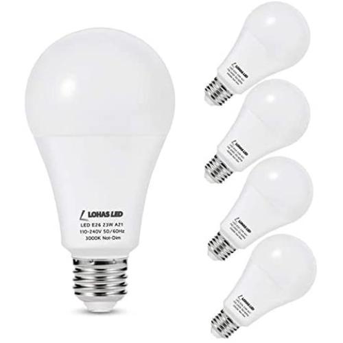 LOHAS A21 LED Light Bulb, 23W Light Bulbs(150W-200W Equivalent), 2500 Lumen Super Bright LED, Soft/Warm White 3000K, E26 Medium Base Light, Not-Dimmable, LED Bulb High Lumen for Home Lights, 4 Pack LOHAS A21 LED Light Bulb, 23W Light Bulbs(150W-200W Equivalent), 2500 Lumen Super Bright LED, Soft/Warm White 3000K, E26 Medium Base Light, Not-Dimmable, LED Bulb High Lumen for Home Lights, 4 Pack