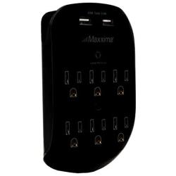 Maxxima 6 Outlet Dual USB Adaptor Plug Grounded 2.4A Port 490 Joules Surge Protector, USB Charger, Black
