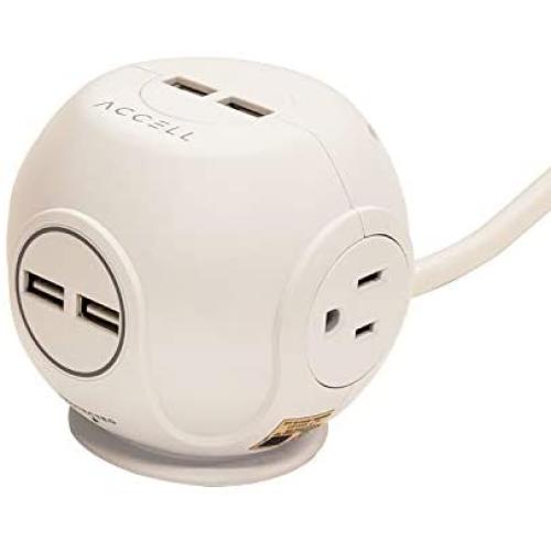 Accell Power Cutie - Compact Surge Protector with 3 Tamper Resistant 540J Surge Protected AC outlets and 4 USB-A Charging Ports, 6ft Cord, White