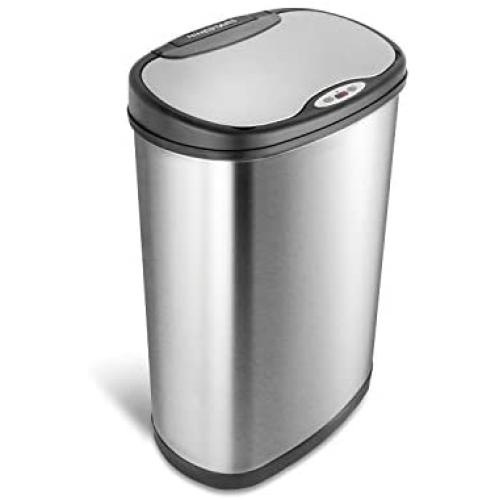 Ninestars DZT-50-13 Automatic Touchless Motion Sensor Oval Trash Can with Black Top, 13 gallon/50 L, Stainless Steel