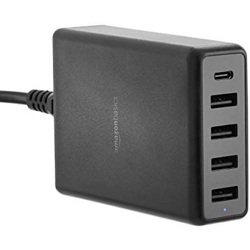 Amazon Basics 5-Port Wall Charger (60W) with 4 USB-A Ports and 1 USB-C Port with 30W Power Delivery - Black Amazon Basics 5-Port Wall Charger (60W) with 4 USB-A Ports and 1 USB-C Port with 30W Power Delivery - Black