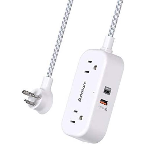 Small Flat Power Strip - Addtam 2 Outlet Portable Plug Strip with 2 USB Ports(1 USB-A Quick Charge, 1 USB-C PD 18W), 5 ft Extension Cord for Travel, Cruise, Desk, and Home Office