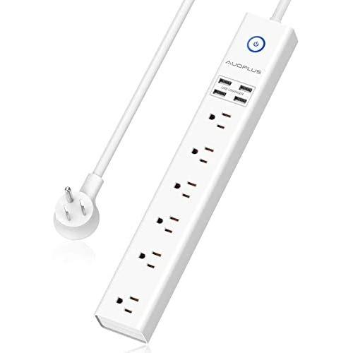 Power Strip 10Ft - Surge Protector with USB, AUOPLUS 6 Outlet and 4 USB Charger, 10Ft Long Extension Cord Flat Plug(1250W/10A/1050J), Wall Mountable Overload Protection for Computer Home Office Dorm