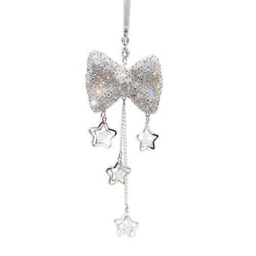 Car Mirror Pendant Charm Car Rear View Mirror Ornament with Tassel Bling Car Accessories Crystal Rhinestone Cute Car Decor Lucky Hanging Car Interior Decaration (White Bow)