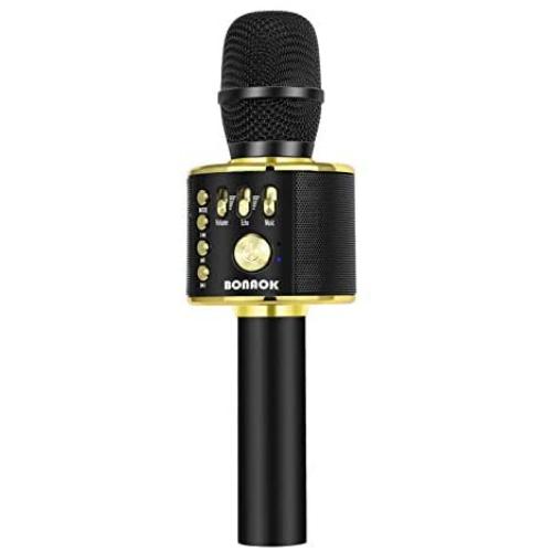 BONAOK Wireless Bluetooth Karaoke Microphone,3-in-1 Portable Handheld Mic Speaker Machine Birthday Home Party for Android/iPhone/PC or All Smartphone(Q37 Black Gold)