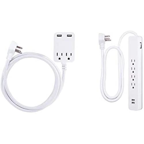 GE Pro Surge Protector Power Strip with USB Fast Charging, Extra Long 8Ft Extension Cord, Flat Plug, 2 Outlet, 2 USB Ports, 2.4A, Wall Mount & 4 Outlet Total 10W/2.1A 2 USB Surge Protector