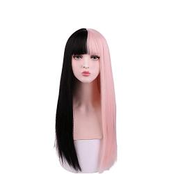 SinRain Half Black Half Pink Long Straight Fashion Halloween Party Wig For Women Girls (Black/Pink -Long)