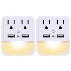 USB Wall Charger, Outlet Adapter, POWRUI 2-Pack Surge Protector(1080 Joules) with Dual USB Charger Ports(2.4A Total), Dual Outlet Extender and Dusk-to-Dawn Sensor Night Light, White, ETL Certified