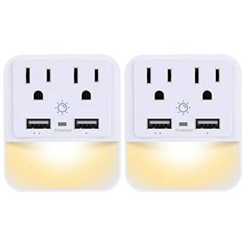 USB Wall Charger, Outlet Adapter, POWRUI 2-Pack Surge Protector(1080 Joules) with Dual USB Charger Ports(2.4A Total), Dual Outlet Extender and Dusk-to-Dawn Sensor Night Light, White, ETL Certified