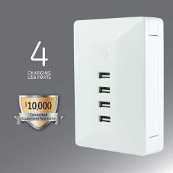 GE Ultra Pro USB Charging Station Surge Protector, 4 USB Ports, 4.8A USB, For iPhone 12/11/Pro/Max/XS/XR/X/8, Ipad Pro, Samsung Galaxy S21/S10/S9/Plus, Google Pixel 5/C/3/2/XL, UL Listed, White, 31712