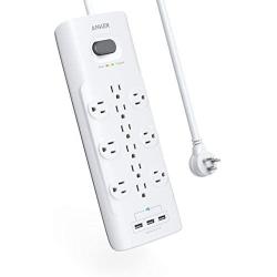 Anker Power Strip Surge Protector, 12 Outlets & 3 USB Ports with Flat Plug, PowerPort Strip With 8ft Extension Cord, PowerIQ for iPhone XS/XS Max/XR/X, Galaxy, for Home, Office, and More (4000 Joules)