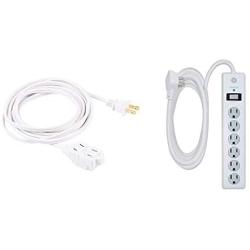 GE 15 ft Extension Cord, White, 51962 & 6 Outlet Surge Protector, 10 Ft Extension Cord, Power Strip, 800 Joules, Flat Plug, Twist-to-Close Safety Covers, White, 14092