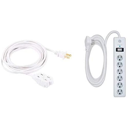 GE 15 ft Extension Cord, White, 51962 & 6 Outlet Surge Protector, 10 Ft Extension Cord, Power Strip, 800 Joules, Flat Plug, Twist-to-Close Safety Covers, White, 14092
