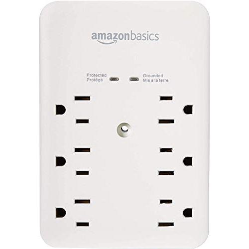 Amazon Basics 6 Outlet, Wall Mount Surge Protector, Power Strip, 2 USB ports 3.4A, 1080 Joules