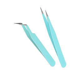 ZeroZ 2 Pcs Stainless Steel Tweezers for Eyelash Extensions Precision Electronics Nail Sticker Rhinestone Jewelry Anti-Static Non-Magnetic (Light Blue)