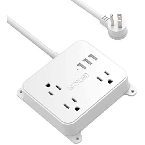 Power Strip with USB, TROND Flat Plug Outlet Extender with 3 USB Ports and 3 Widely Spaced Outlets, Wall Mountable, 4.5ft Extension Cord, for Nightstand Office Hotel Cruise Ship, White