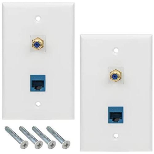 Ethernet Coax Wall Plates, 2 Pack Cat6 RJ45 Coax Wall Plate 1 Ethernet Port and 1 Gold-Plated TV Coax F Type Port RFAdapter for Satellite and TV, White