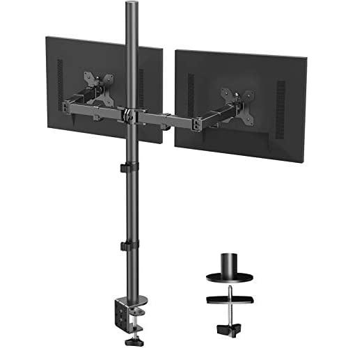 HUANUO Dual Monitor Stand with Extra Tall Pole 39.37 inch, Fully Adjustable Monitor Mount, C Clamp & Grommet Mounting Base