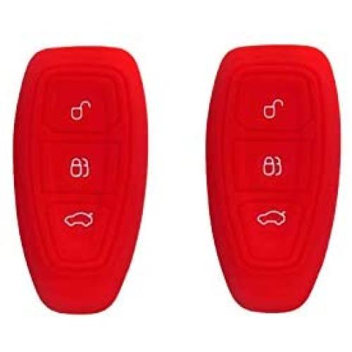 BAR Autotech Silicone Rubber Shell Case Keyless Entry Car Remote Key Fob Cover fit for Ford Focus 3 Escape Fiesta ST Titanium Mondeo Ecosport Kuga MK3 3 Buttons (1 Pair) (Red)
