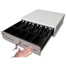 HK SYSTEMS 13'' Heavy Duty Compact White Manual Push Open Cash Drawer with 4 Bill /5 Coin Till Stainless Steel Front 