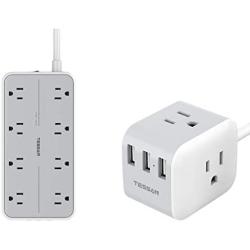 USB Power Strip Flat Plug, TESSAN Desktop Charging Station with 3 USB Ports, 5 Feet Long Extension Cord, Compact Size for Home Office and Travel Use