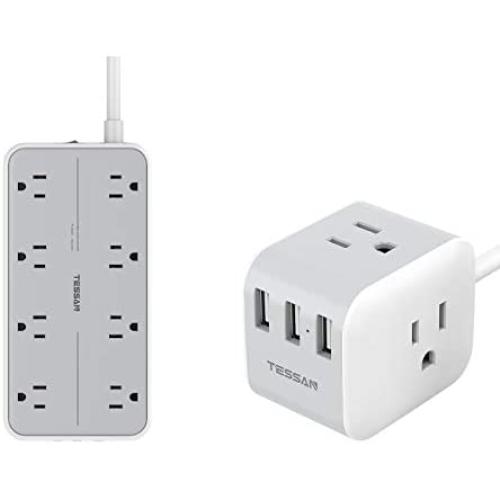 USB Power Strip Flat Plug, TESSAN Desktop Charging Station with 3 USB Ports, 5 Feet Long Extension Cord, Compact Size for Home Office and Travel Use