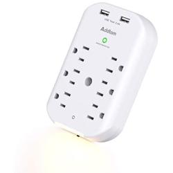 6 Outlet Surge Protector, Addtam Wall Outlet Extender with Sensor Night Light, Multi Plug Outlet Wall Adapter Power Strip with 2 USB Charging Ports, 490 Joules, for Home, Travel, Office, Hotel