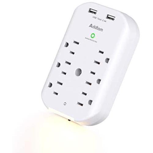 6 Outlet Surge Protector, Addtam Wall Outlet Extender with Sensor Night Light, Multi Plug Outlet Wall Adapter Power Strip with 2 USB Charging Ports, 490 Joules, for Home, Travel, Office, Hotel