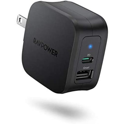 USB C Charger RAVPower 30W 2-Port Fast Charger with 18W Power Delivery 3.0 Wall Charger Foldable Power Adapter for iPhone 12/12 Mini/12 Pro/12 Pro Max, iPad Pro, AirPods Pro, Nintendo Switch and More