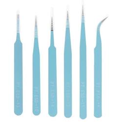 ChgImposs 6PCS Precision Tweezers Set, 116mm-133mm Anti-Static Stainless Steel Tweezers Kit Curved Tweezers for Craft, Jewelry, Electronics, Laboratory Work, Soldering - Sky Blue