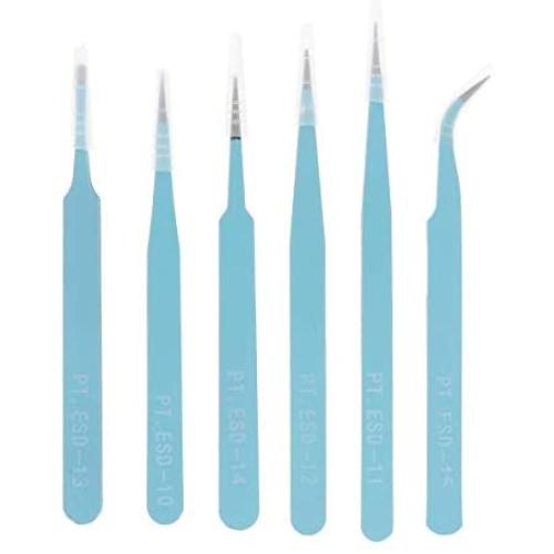 ChgImposs 6PCS Precision Tweezers Set, 116mm-133mm Anti-Static Stainless Steel Tweezers Kit Curved Tweezers for Craft, Jewelry, Electronics, Laboratory Work, Soldering - Sky Blue
