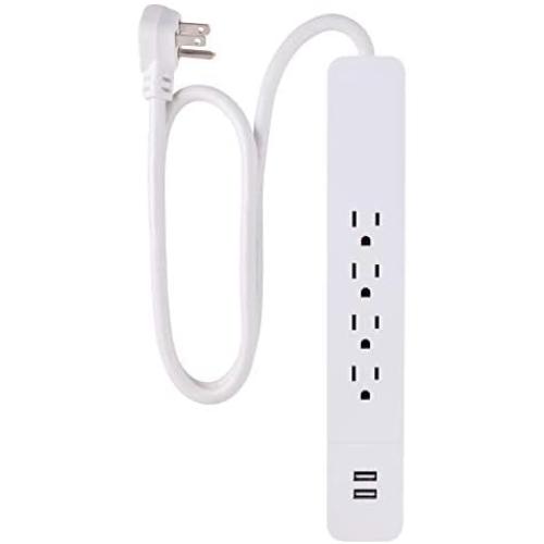 GE, White, Pro 4 Outlet Power Strip Surge Protector, 3 Extension Cord with Flat Plug, 560 Joules, 2.1A USB Charging Ports, Wall Mount Keyholes, 41385, 3 Ft