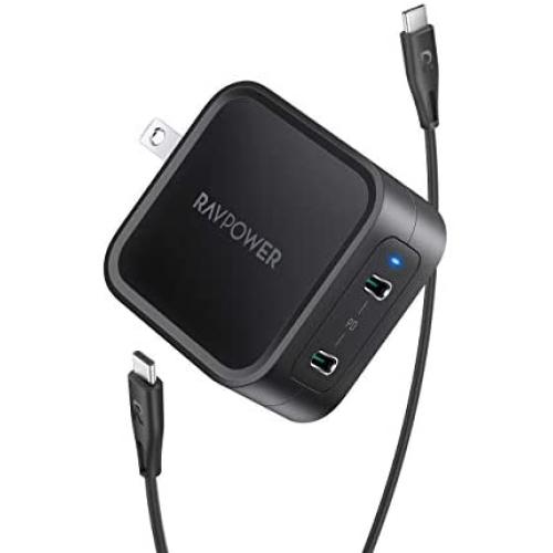 USB C Charger RAVPower 65W Fast Wall Charger, PD3.0 & GaN Tech 2-Port Power Adapter Type C Compact Foldable Travel Charger for iPhone 12 Mini Pro Max, MacBook Pro, Galaxy, Switch and More