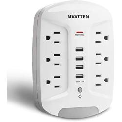 BESTTEN Wall Outlet USB Charger with LED Night Light and Surge Protector (1080 Joules), 4 USB Ports (5V/4.2A), 6 AC Outlets (15A/125V/1875W), Photocell Night Light, ETL Listed, White