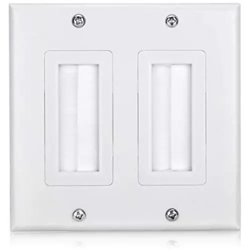 Mxtechnic Brush Wall Plate Decora Style, Cable Pass Through Insert for Wires, 2 Gang Cable Access Strap, Wall Socket for HDTV, HDMI, Wall Cables Brush Plate (1Plate, 2 Gang White)