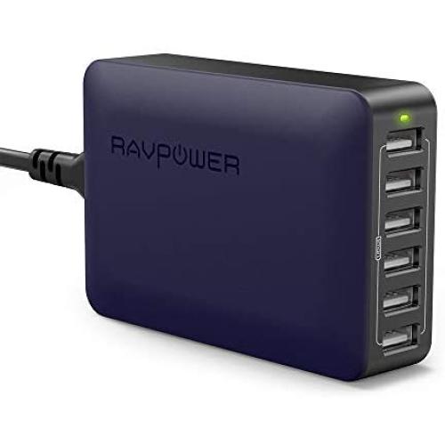 USB Charger RAVPower 60W 12A 6-Port Desktop USB Charging Station with iSmart Multiple Port, Compatible iPhone 12 Mini SE 11 Pro Max XS XR X iPad Pro Air Mini Galaxy S10 Note 10 Tablet (Navy Blue)